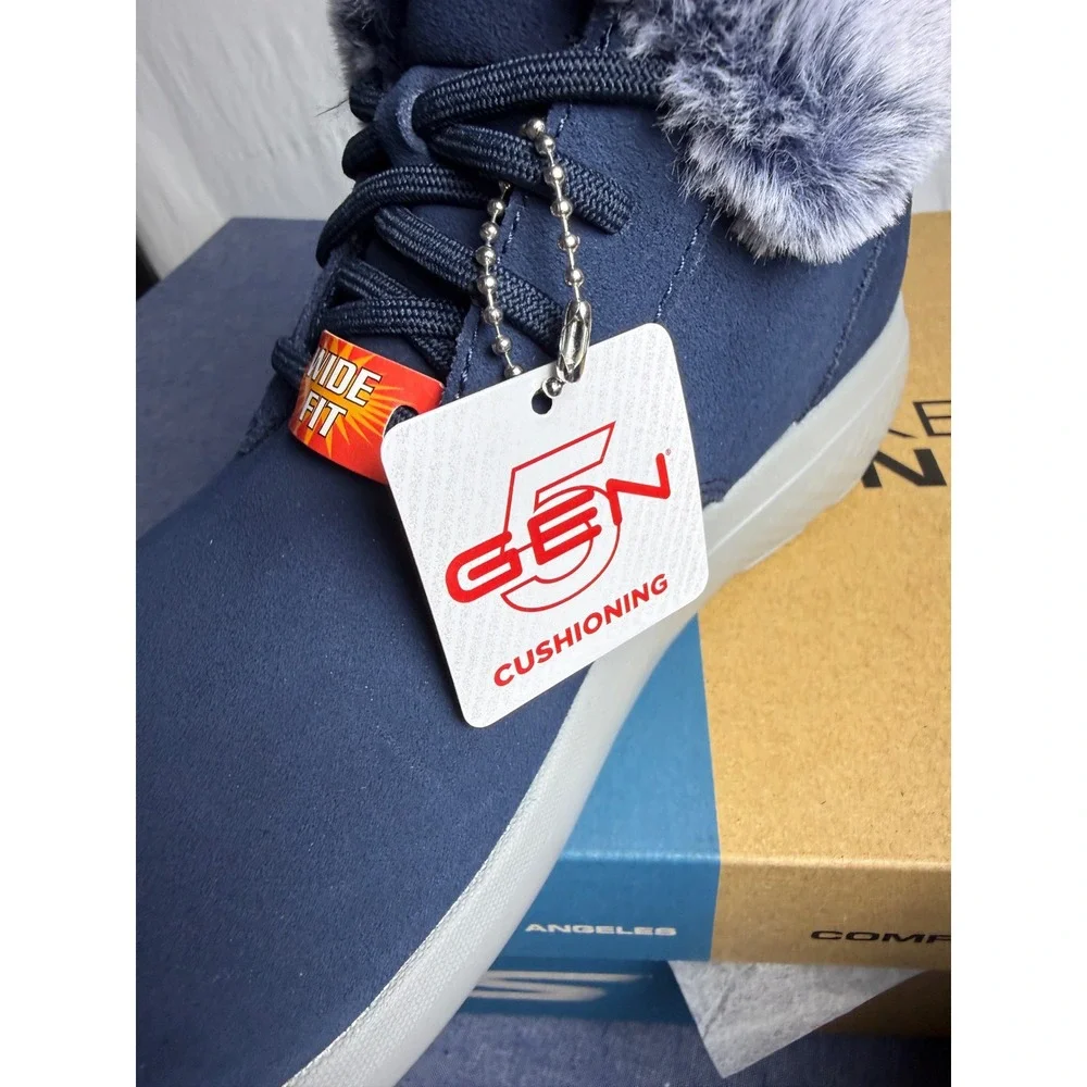 Skechers On-The-Go City 2 Winter Wishes Navy Blue Faux Fur Boots 144437W Wide 7